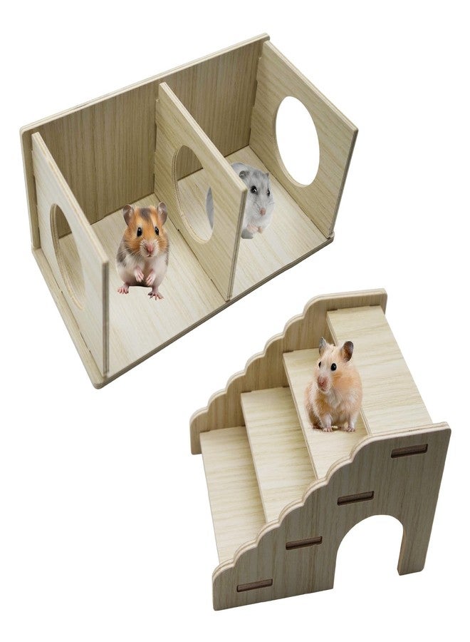 LUODAKA 2-Chamber Hamster Tunnel & Wooden Climbing Ladder Bridge，Wooden Hamster Hideout with Ladder for Dwarf Syrian Hamsters Gerbils Mice or Other Small Pets - Image 1